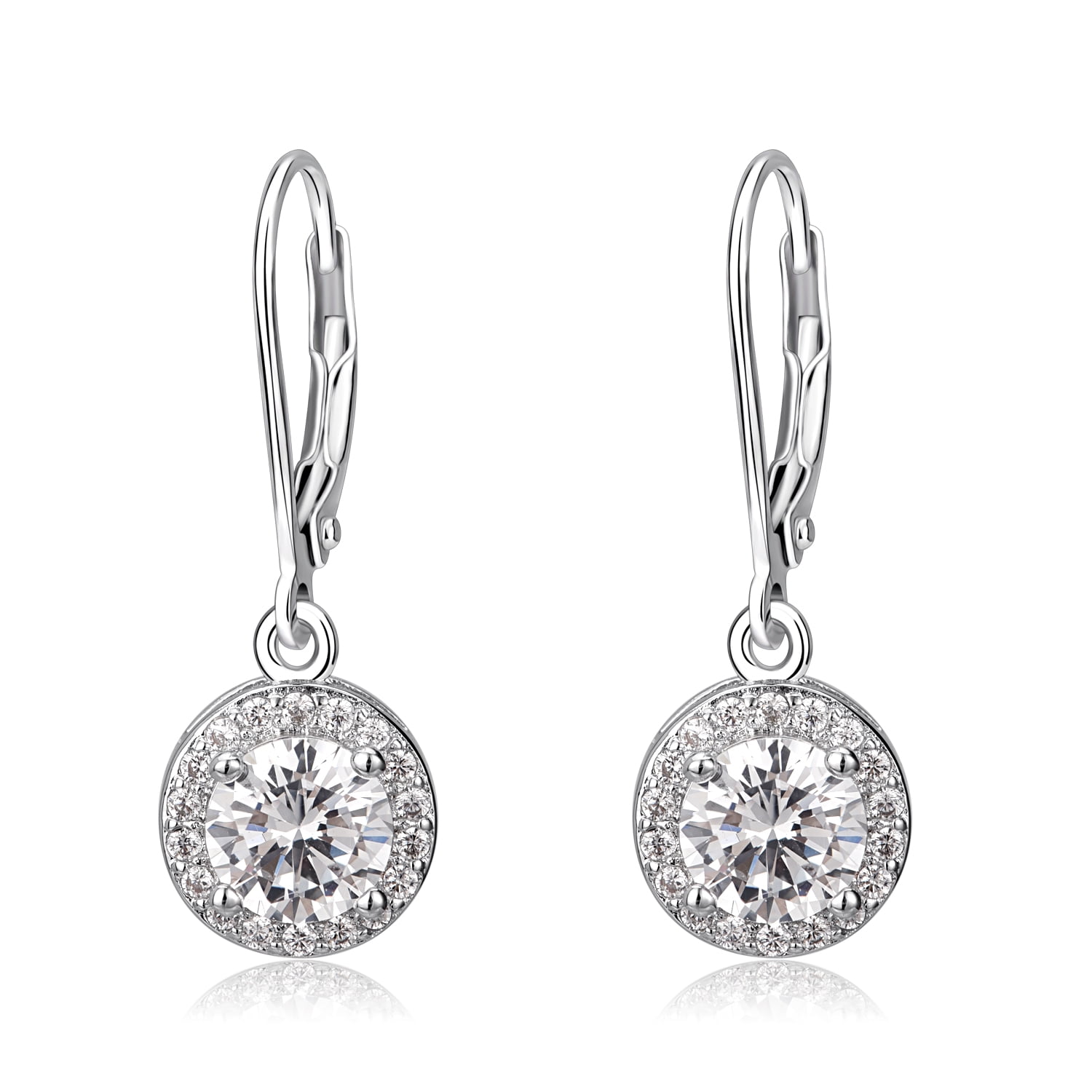 AMY AND ANNETTE Genuine Crystal Halo Leverback Earrings in 18K White Gold