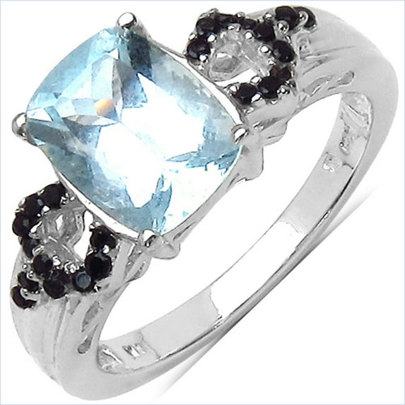 Genuine Cushion Aquamarine and Black Spinel Ring in Sterling Silver - Size 7.00