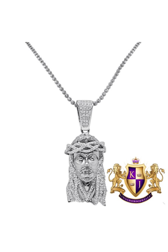 Genuine Diamond 10K White Gold Finish Mens Mini Jesus 1.75" Charm Pendant Chain Set