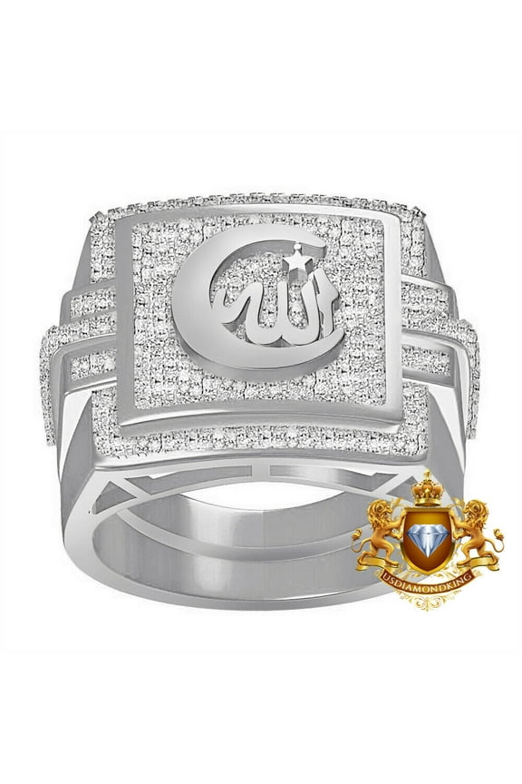 Genuine Diamond Allah God Muslim Islamic Arabic Crescent Moon And Star Ring Band Over White Gold