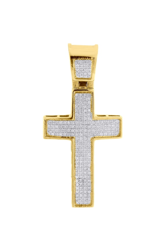 Genuine Diamond Cross Pendant Mens 10K Yellow Gold Mini Domed Pave Charm 1/2 Ct.