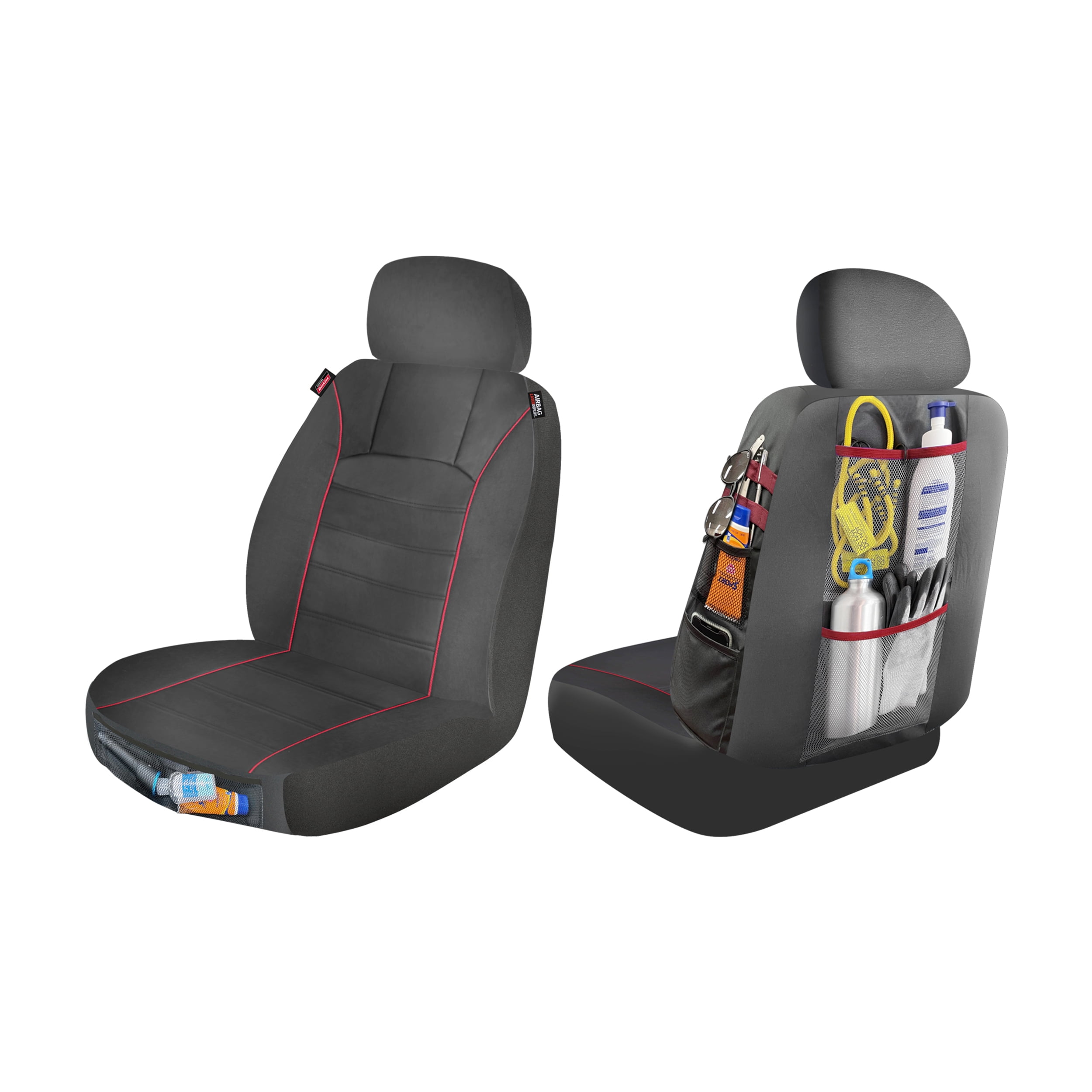 Genuine Dickies 2 Piece Front Car Seat Covers with Storage Black and Red, 43156WDI