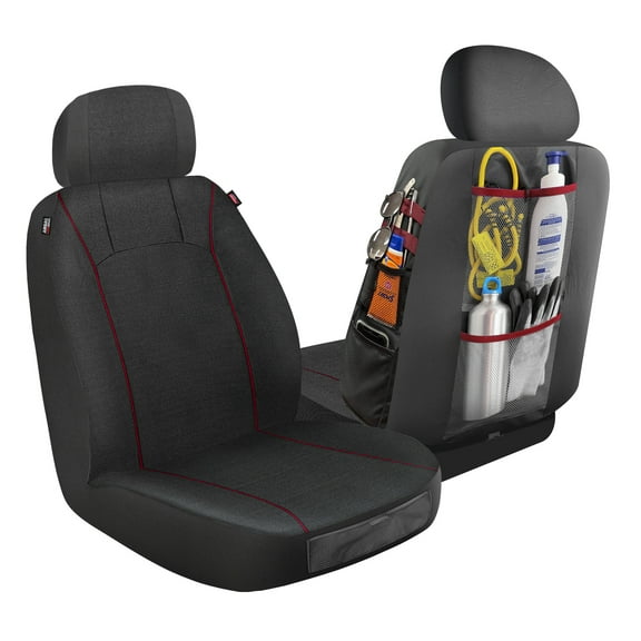Genuine Dickies 2 Piece Universal Front Car Seat Covers with Storage - Black and Red, 43156WDI