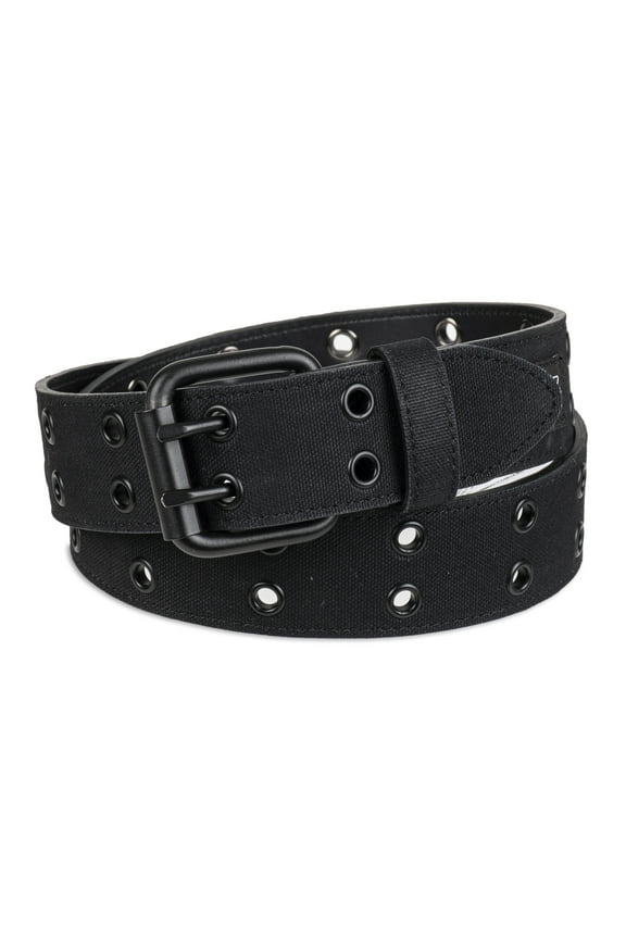 Men's Casual Black Grommet Fully Adjustable Belt with Double Prong Buckle (Regular and Big & Tall Sizes)