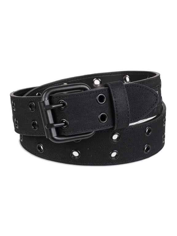 Men's Casual Black Grommet Fully Adjustable Belt with Double Prong Buckle (Regular and Big & Tall Sizes)