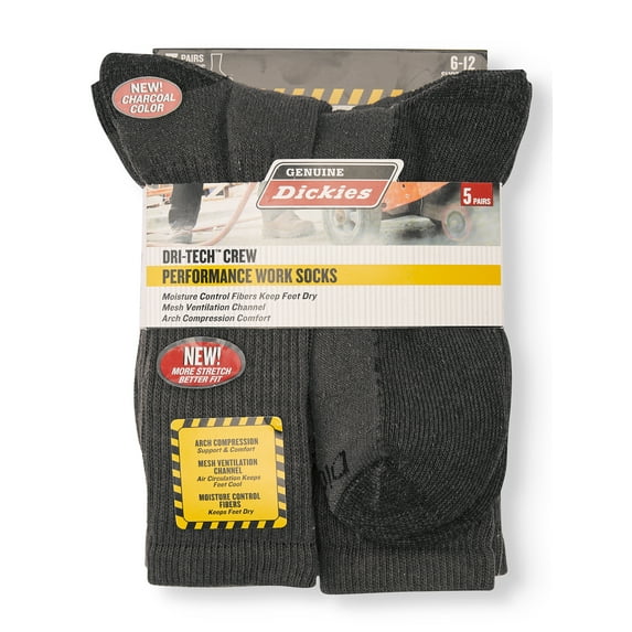 Genuine Dickies Men's Dri-Tech Comfort Crew Work Socks, 5-Pack