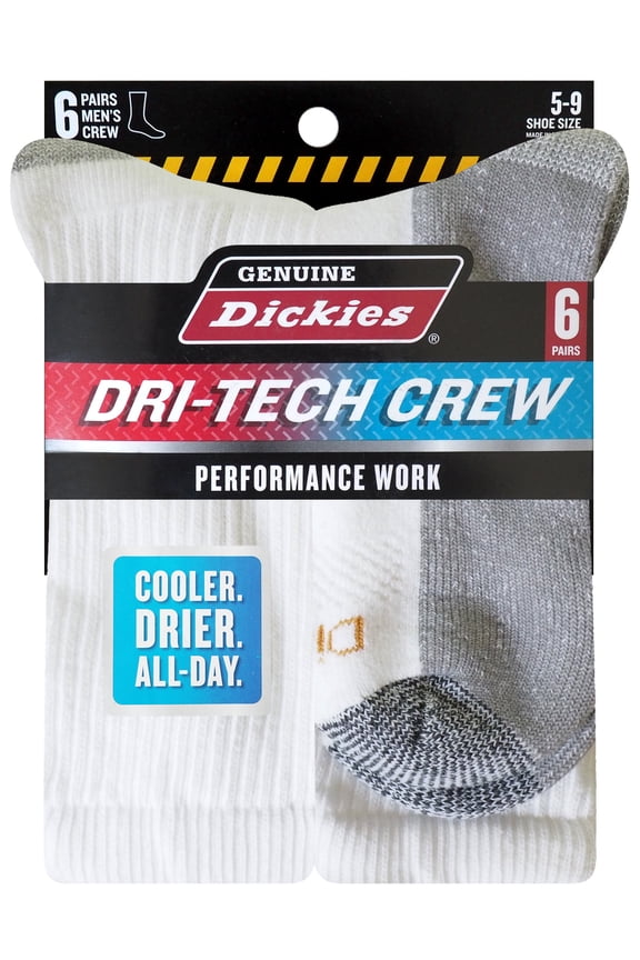 Genuine Dickies Men's Dri-Tech Crew Socks, 6-Pack, Sizes 6-15