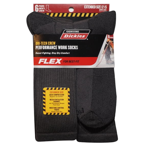 Dickies Men's Dri-Tech Crew Socks, 6-Pack, Sizes 12-15