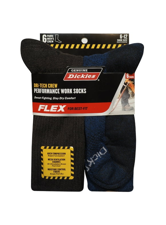 Genuine Dickies Men's Dri-Tech Crew Socks, 6-Pack, Sizes 6-15