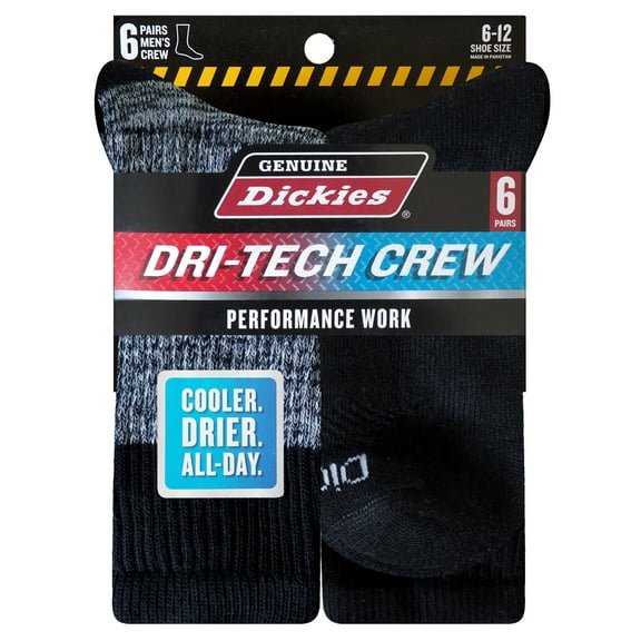 Genuine Dickies Men's Dri-Tech Crew Socks, 6-Pack, Sizes 6-15