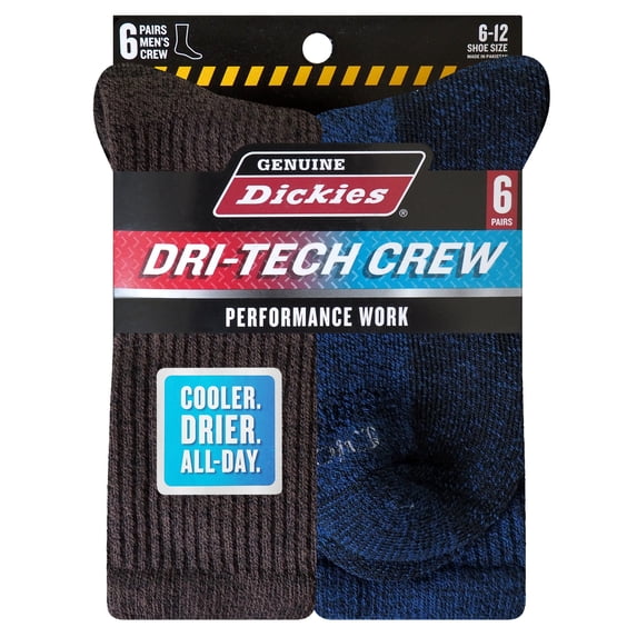 Genuine Dickies Men's Dri-Tech Crew Socks, 6-Pack, Sizes 6-15