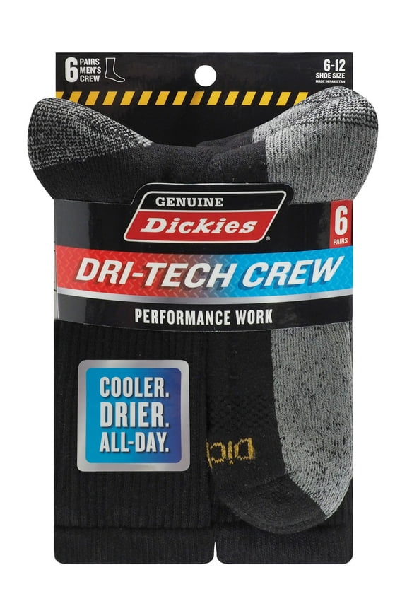 Dickies Men's Dri-Tech Crew Socks, 6-Pack Black Size 6-12