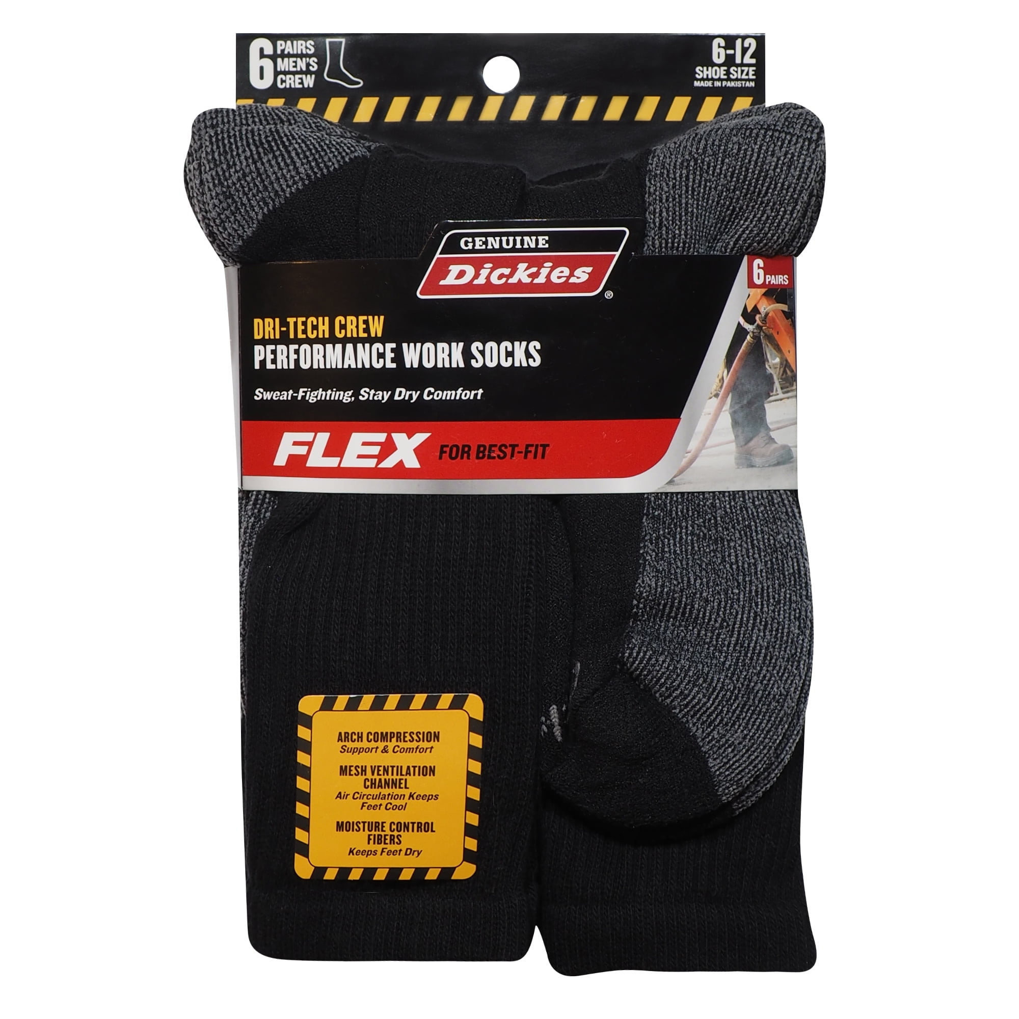 Dickies Men s Dri Tech Crew Socks 6 Pack Black Size 6 12 Walmart