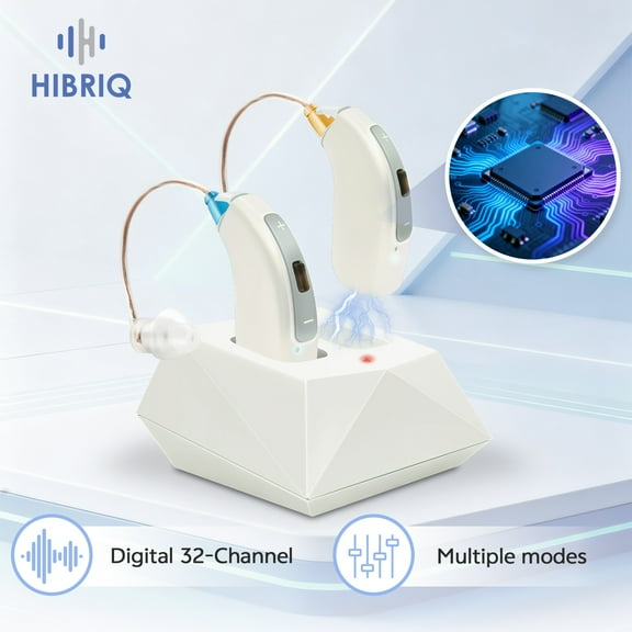 HIBRIQ Digital Hearing Aids for Seniors, 4 Listening Modes, Rechargeable 32-Channel RIC Hearing Aids with Charging Base, Noise Cancelling & Clear Sound for Elderly HH-1804