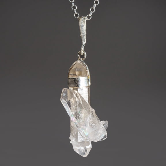 Genuine Double Terminated Clear Quartz Crystal Pendant with 18" Sterling Silver Chain