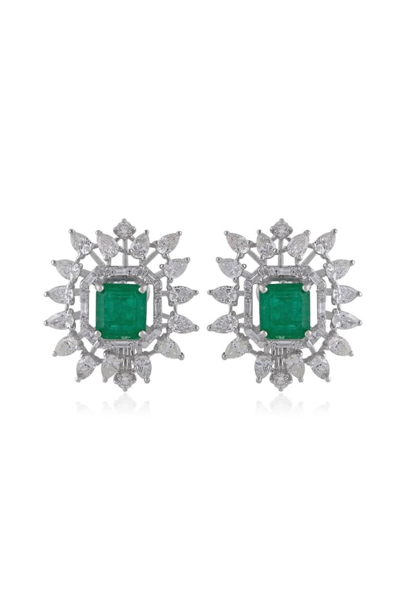 Genuine Emerald Gemstone Diamond Solid 18k White Gold Jewelry Stud Earrings
