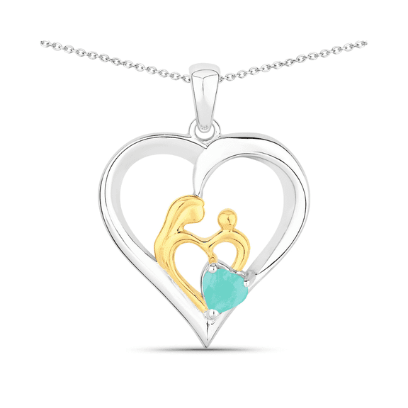 Fine Color Jewels Emerald Mom Pendant Necklace Sterling Silver Two Tone Plated 0.45 Ct Heart Shape Cable Chain Women’s