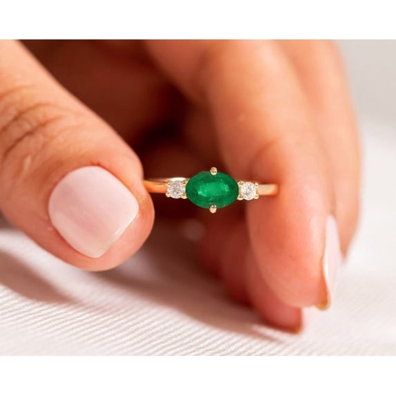 Genuine Emerald Ring,14k Solid Gold Plated Jewelry,May Birthstone Gift,Emerald Diamond Ring,Wedding Ring,Green Stone,East West Ring,Horizontal Ring