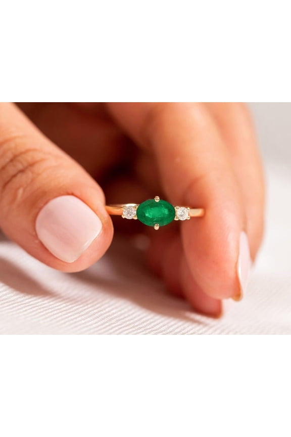 Genuine Emerald Ring,14k Solid Gold Plated Jewelry,May Birthstone Gift,Emerald Diamond Ring,Wedding Ring,Green Stone,East West Ring,Horizontal Ring
