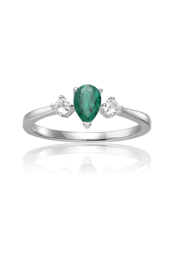 Genuine Emerald Ring Sterling Silver 3 stone Past Present Future Ring Teardrop White Sapphire and Green Emerald Jewelry for Women May Birthstone Jewelry for Women