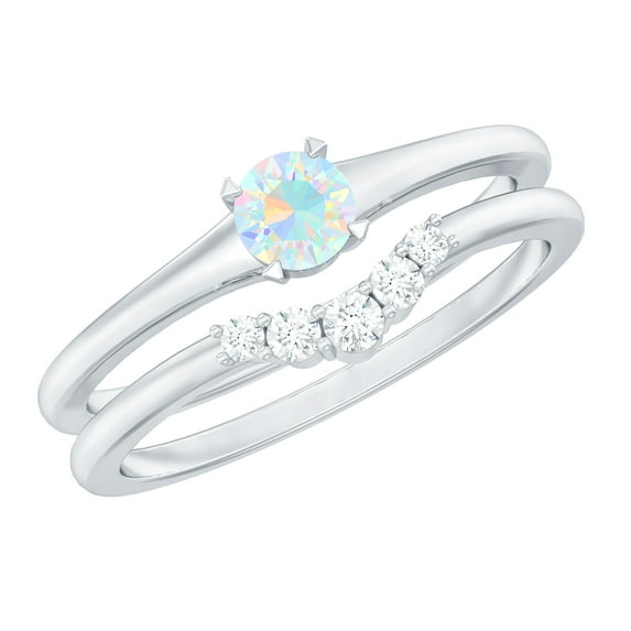 Rosec Jewels Ethiopian Opal Diamond Wedding Engagement Ring Set of 2 - AAA Quality - Minimal Opal Ring with Enhancer, 10K White Gold, US 11.50