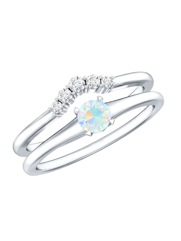 Ethiopian Opal Diamond Wedding Engagement Ring Set of 2 - AAA Quality - Minimal Opal Ring with Enhancer, 10K White Gold, US 7.00