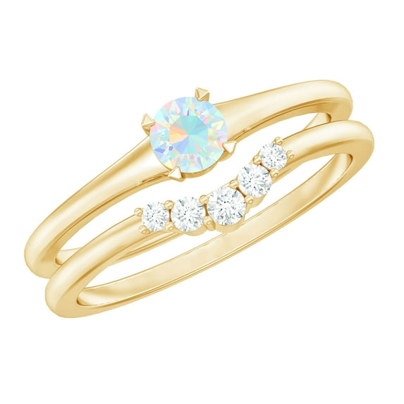 Rosec Jewels Ethiopian Opal Diamond Wedding Engagement Ring Set of 2 - AAA Quality - Minimal Opal Ring with Enhancer, 10K Yellow Gold, US 9.00