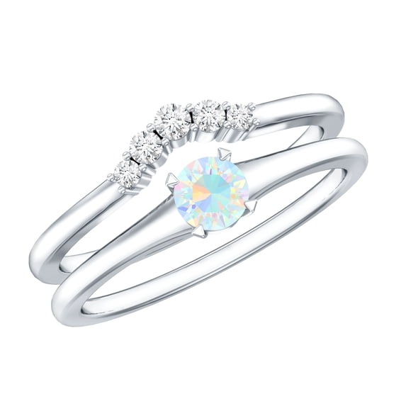Rosec Jewels Ethiopian Opal Diamond Wedding Engagement Ring Set of 2 - AAA Quality - Minimal Opal Ring with Enhancer, 14K White Gold, US 7.00