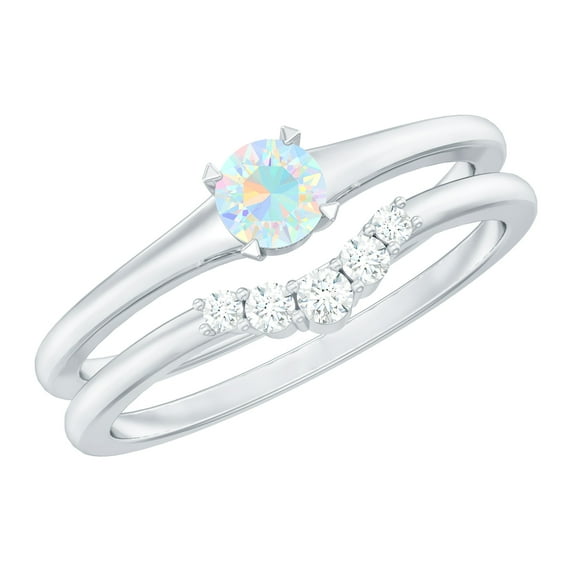 Genuine Ethiopian Opal Ring Set with Diamond for Women - AAA Quality, 925 Sterling Silver, US 12.50