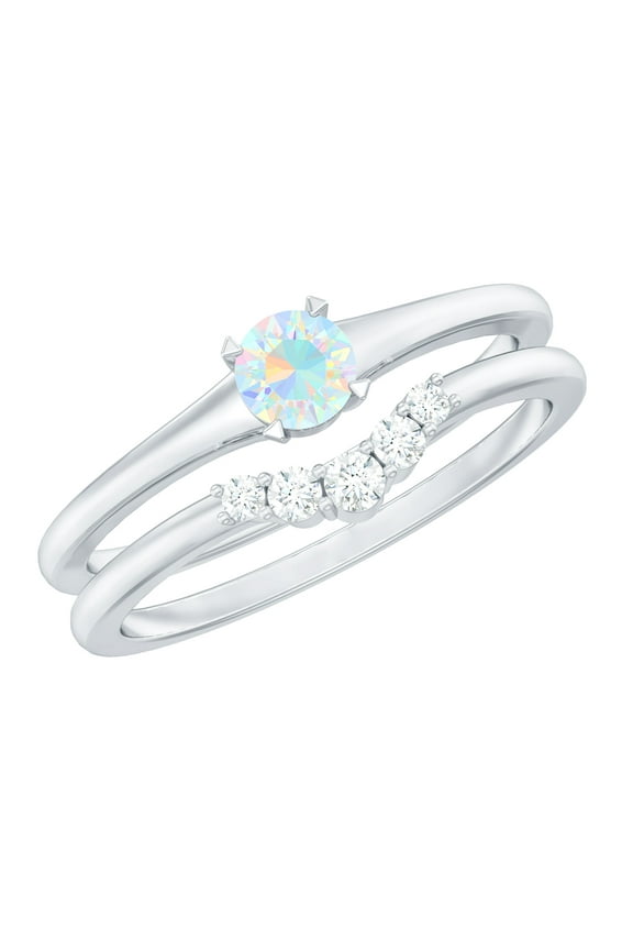 Ethiopian Opal Diamond Wedding Engagement Ring Set of 2 - AAA Quality - Minimal Opal Ring with Enhancer, 925 Sterling Silver, US 12.50