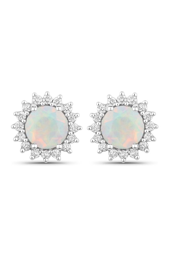 Ethiopian Opal Lab Diamond Halo Earrings Sterling Silver 1.32 Ct with Diamond Accent for Women