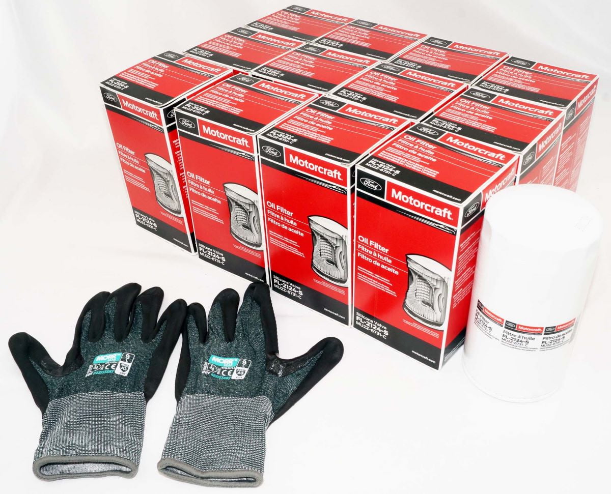 Genuine FL2124S Oil Filter (12 Pack) MU2Z6731C fits many Super Duty Diesel Trucks with 6.7L Powerstroke. Change Kit Includes One Pair Morr Gear Gloves As Pictured
