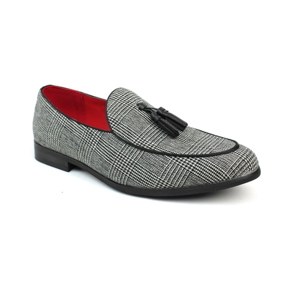 Genuine Fabric Plaid Black Houndstooth Slip On Men's Dress Shoes Loafers With Tassel 6.5
