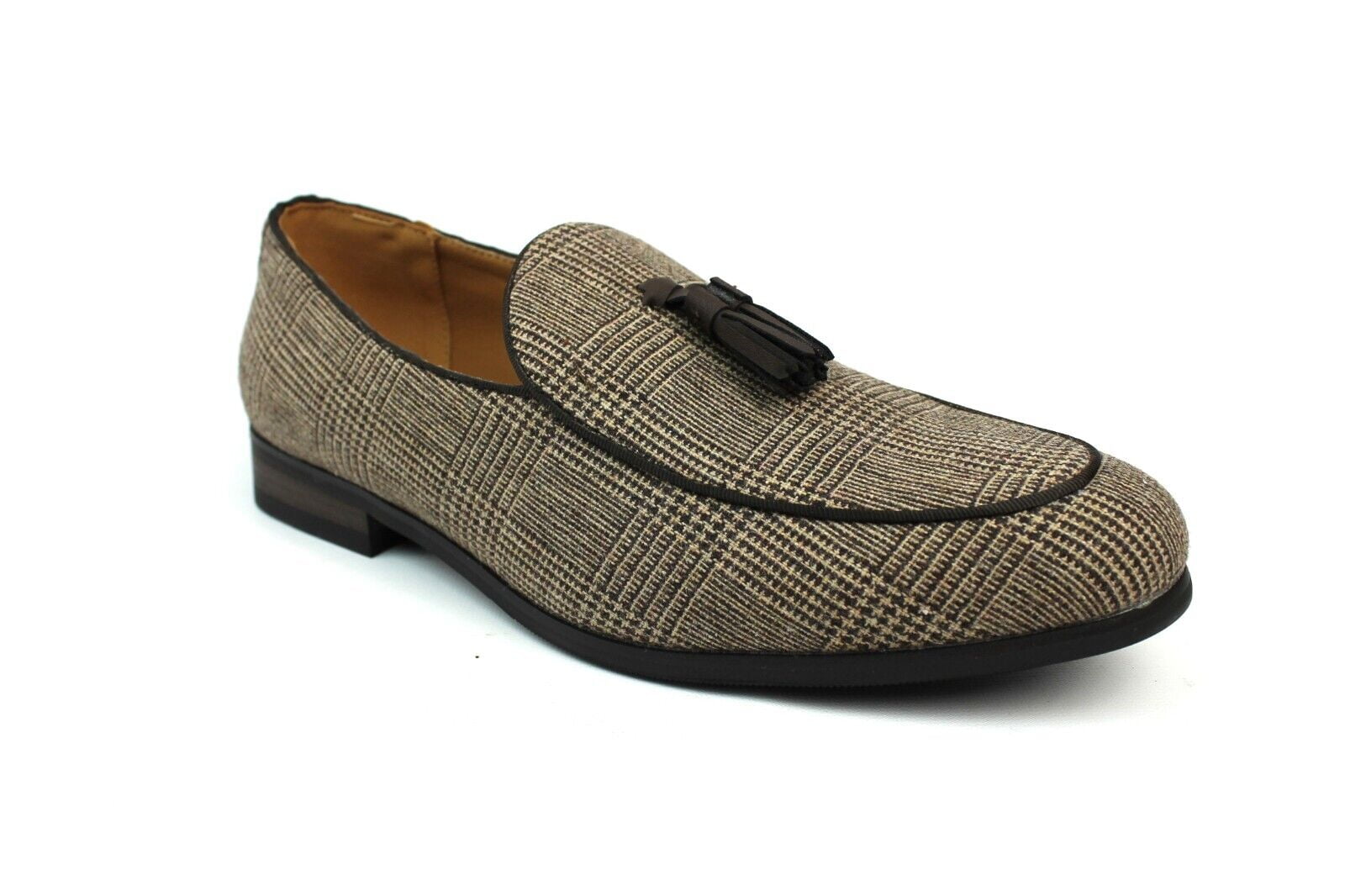 Genuine Fabric Plaid Tan Brown Houndstooth Slip On Men
