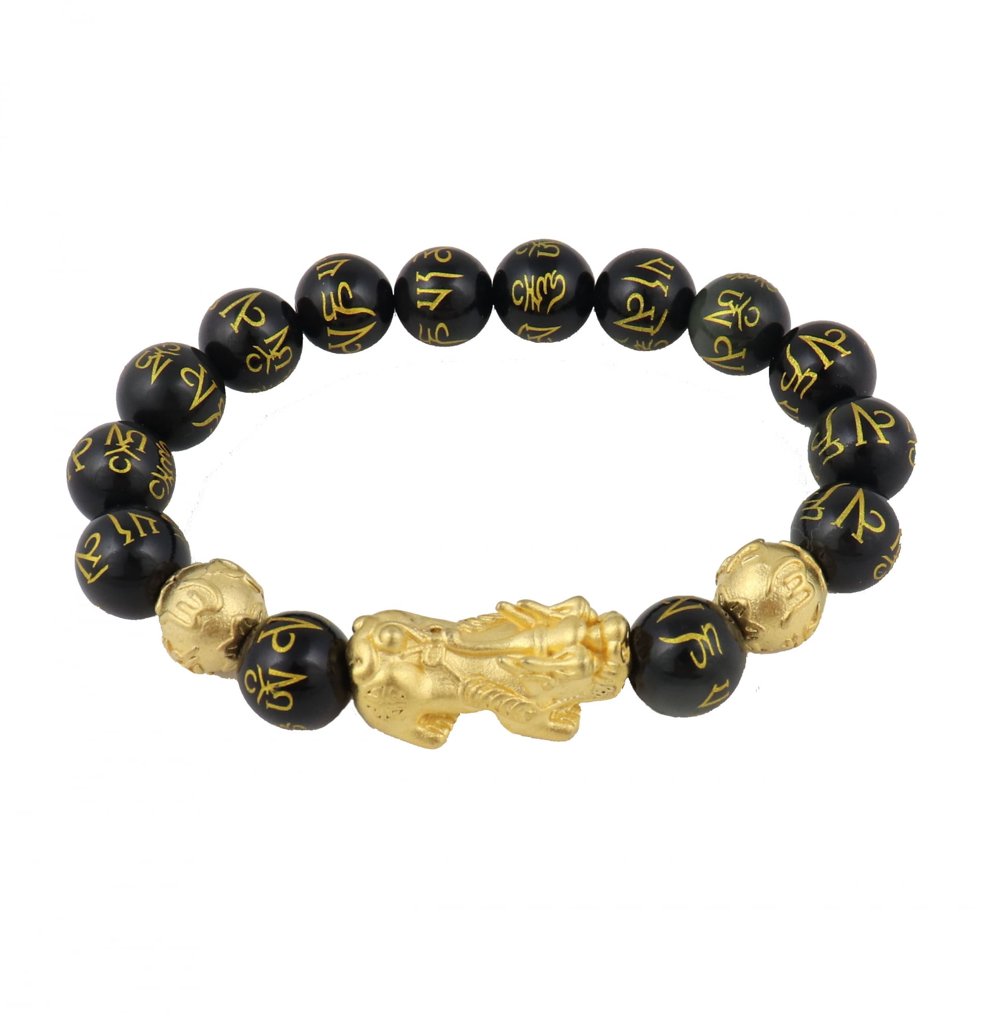 Genuine Feng Shui Black Obsidian Mantra Beaded Bracelet with Gold