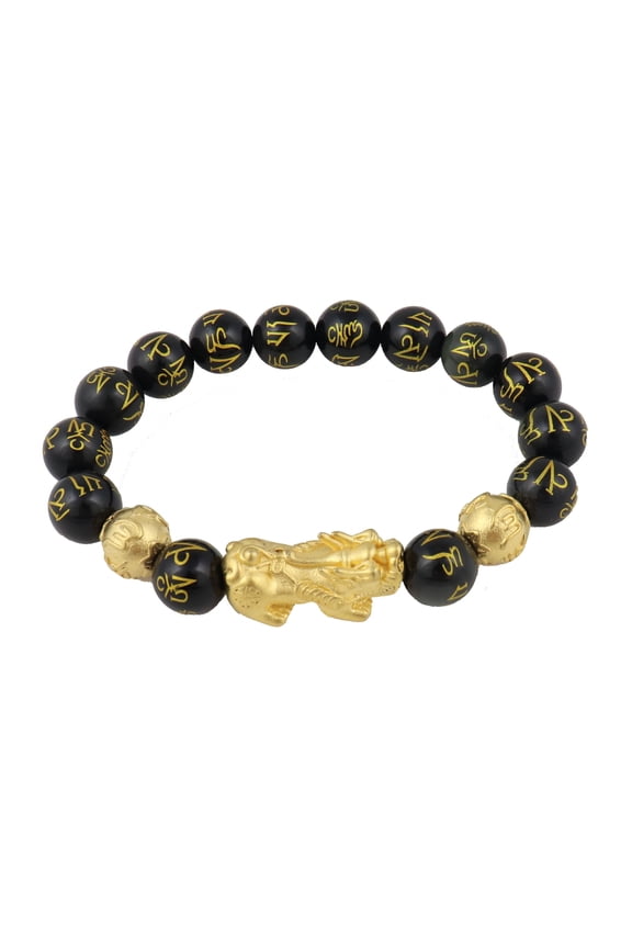 Genuine Feng Shui Black Obsidian Mantra Beaded Bracelet with Gold Pi Xiu