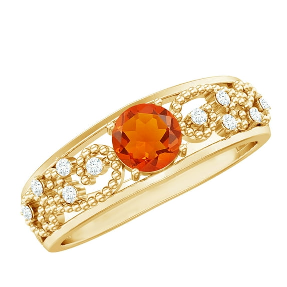 Rosec Jewels Genuine Fire Opal Solitaire Band Ring with Diamond (0.50 CT, AAA Quality), 14K Yellow Gold, US 9.00