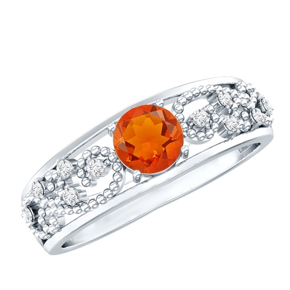 Rosec Jewels Natural Fire Opal Ring for Anniversary (AAA Grade) - Vintage Inspired Opal Diamond Ring - with Jewelry Box, 925 Sterling Silver, US 4.00