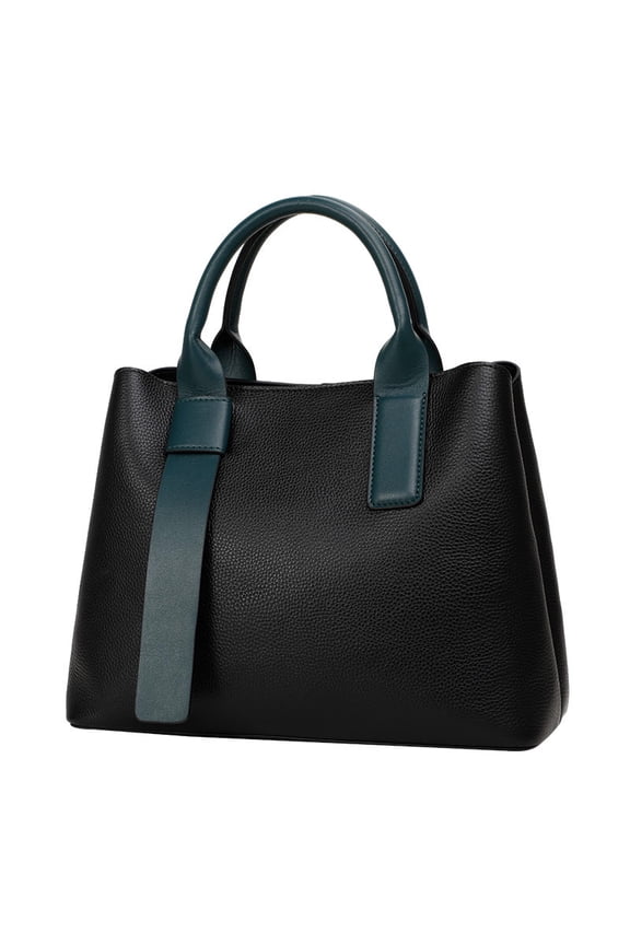 Genuine First Layer Cowhide Women's Large Capacity Litchi Texture Commute Tote Bag with Color Blocking