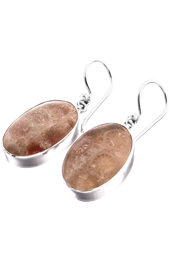 Genuine Fossil Coral Flower Patterned 925 Sterling Silver French Wires Earrings, 1 3/16"