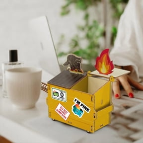 Fred Desk Dumpster Pencil Holder with 100+ Flame Note Cards, 3-Compartment Organizer for Office Supplies