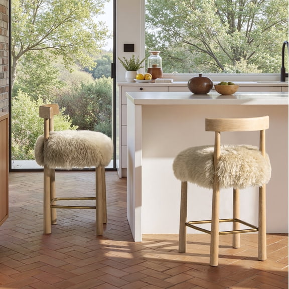 Genuine Fur Counter Height Bar Stool 27.5 Inch, Light Wood Frame with Brass Footrest & Backrest, Natural Blonde Plush Seat for Kitchen Island & Home Bar