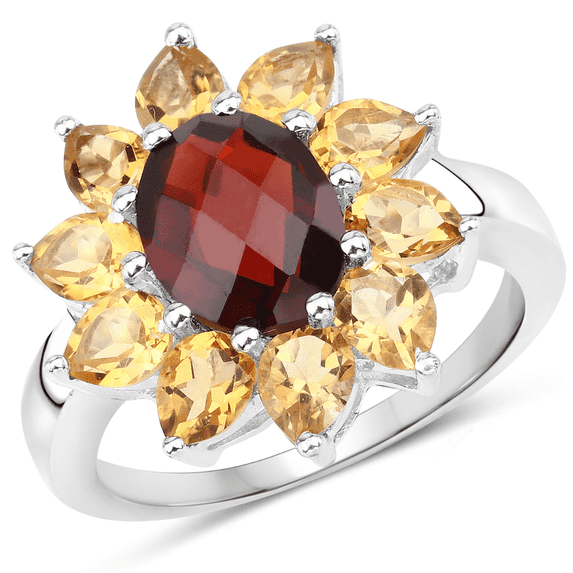 Genuine Garnet and Citrine Floral Ring in .925 Sterling Silver Sunflower Ring Oval Shaped Garnets and Pear Shaped Citrine 5.50 Carat January and November Birthstone Jewelry Gift For Women