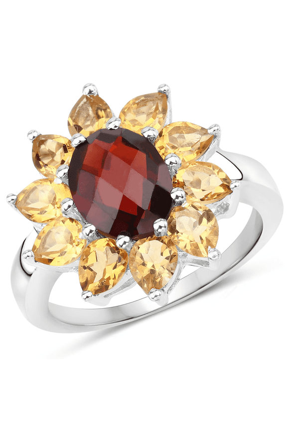 Genuine Garnet and Citrine Floral Ring in .925 Sterling Silver Sunflower Ring Oval Shaped Garnets and Pear Shaped Citrine 5.50 Carat January and November Birthstone Jewelry Gift For Women