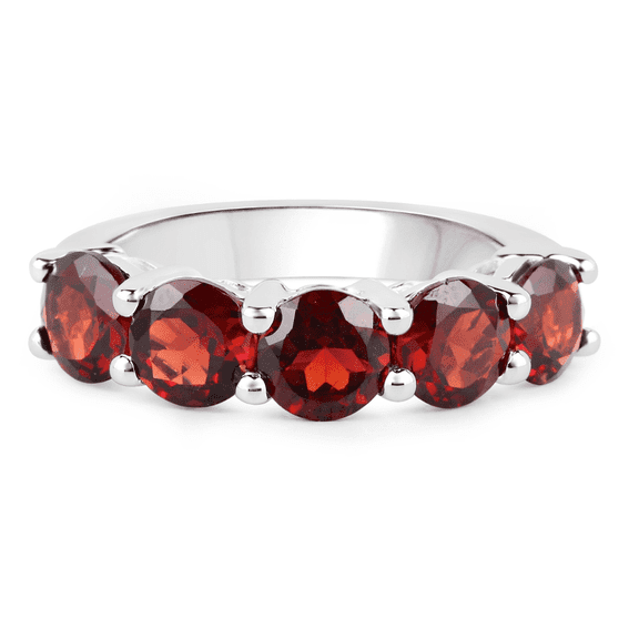 Genuine Garnet Ring in .925 Sterling Silver with Rhodium Plating 5 Stone Red Ring Natural Round Shaped Garnets 3.75 Carat January Birthstone Ring Jewelry Gift For Women