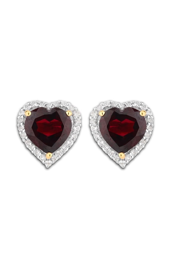 Genuine Garnet and White Topaz .925 Sterling Silver Red Heart Earrings in 18k Yellow Gold Plating 5.48 Carat Heart Shaped Garnet January Birthstone Earrings For Women