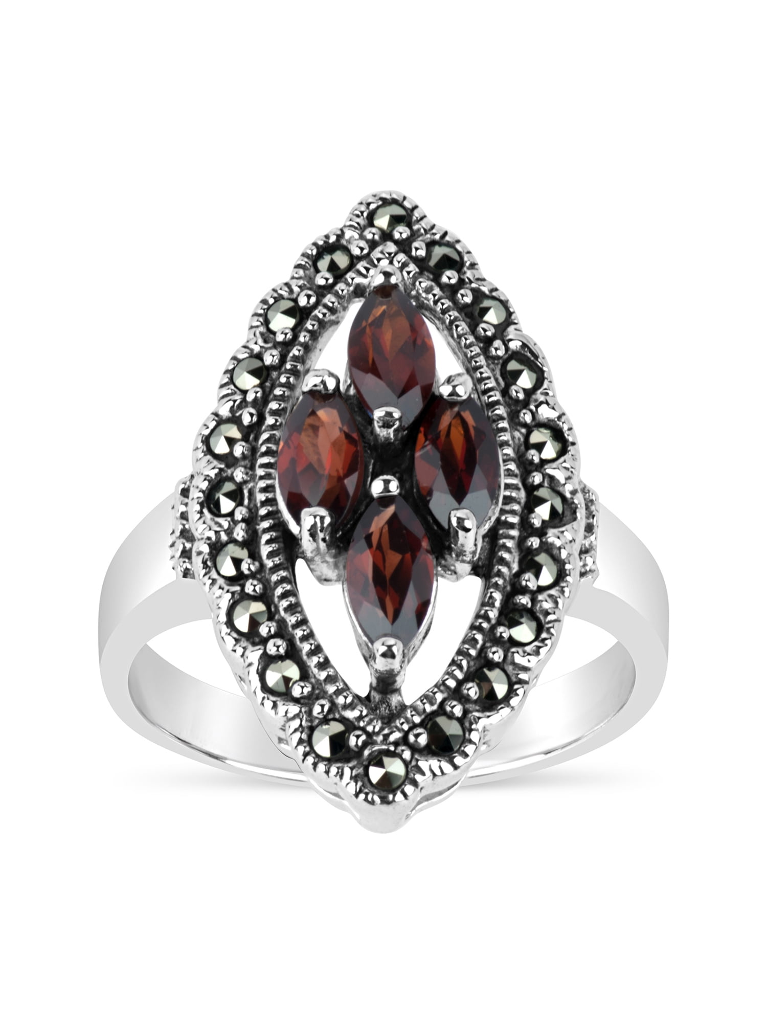 Genuine Garnet and Swarovski Marcasite Sterling Silver Oxidized Ring