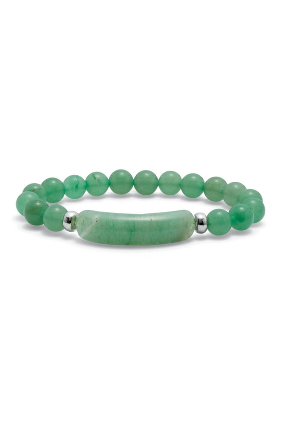 Genuine Green Aventurine Silvertone Beaded Stretch Bracelet 7-inch Length
