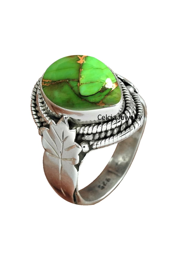 Genuine Green Copper Turquoise Gemstone Ring, Solid 925 Sterling Silver Band Ring, Statement Ring, Organic Adorable Ring, Unique Women Gifts Ring
