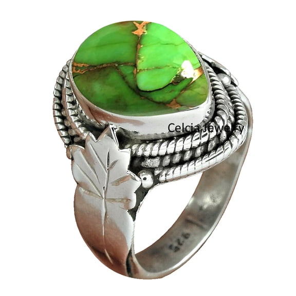 Genuine Green Copper Turquoise Gemstone Ring, Solid 925 Sterling Silver Band Ring, Statement Ring, Organic Adorable Ring, Unique Women Gifts Ring